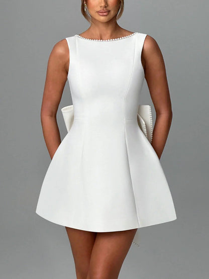 Pearl Embellished Bow Detail Mini Dress