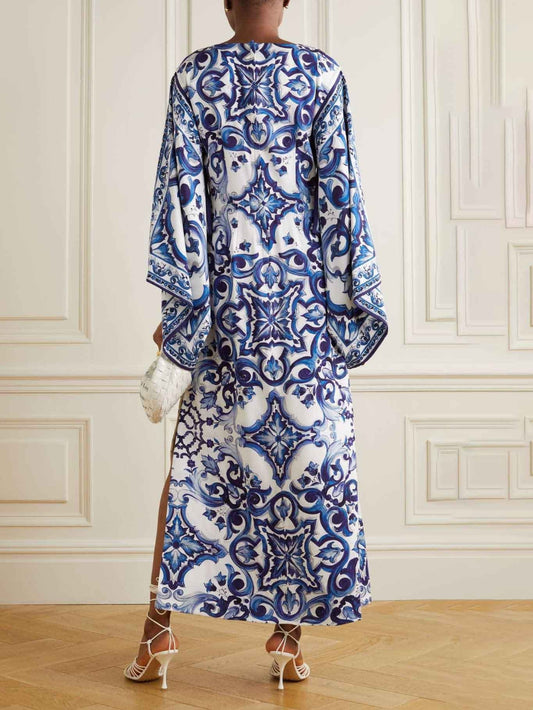 Blue Porcelain Print Off-Shoulder Loose Dress