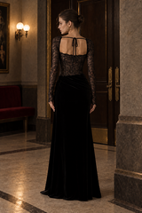 Lace Panel High Slit Long Sleeve Maxi Lace Dress