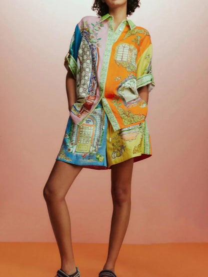 Button Detail Print Shorts Set