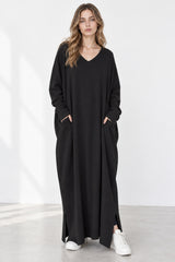 Slit Hem V Neck Sweatshirt Dress