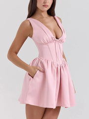 Elegant Satin Bow Detail V-Neck Dress