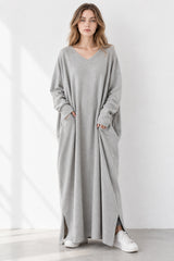 Slit Hem V Neck Sweatshirt Dress