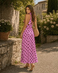 Polka Dot Halter V-Neck Color Block Bodycon Maxi Dress