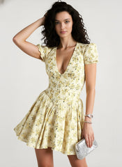 Floral V Neck Ruched Mini Dress