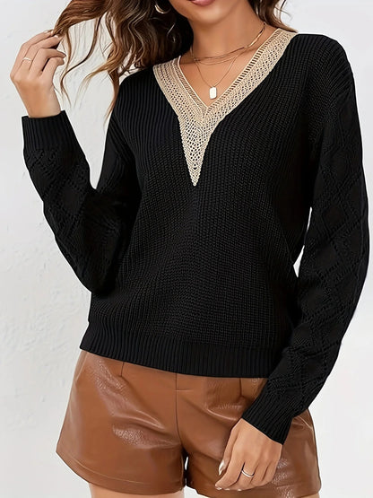 Solid V-Neck Hollow Out Knitted Sweater