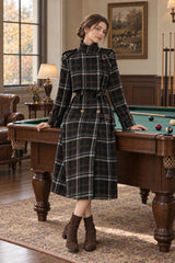 Autumn Winter Long Loose Warm Plaid Wool Blends Sleeve Belt Double Breasted Woolen Stylish Coat