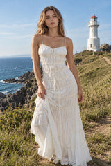 Lace Pleated Backless Suspender Maxi Dress