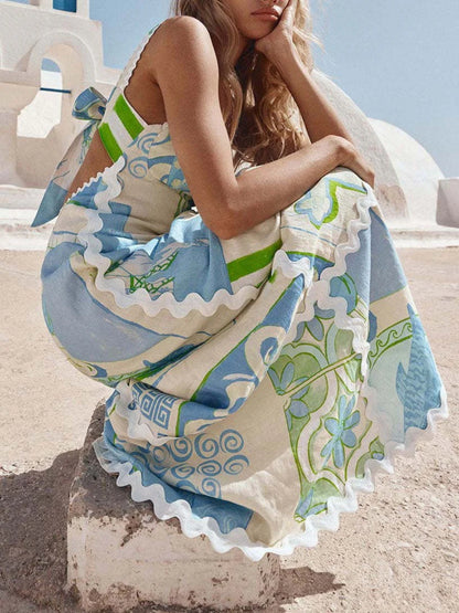 Painted Print Open Back Bow Dress