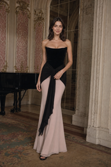 Ruched Ribbon Tie High Waist Bodycon Color Block Tube Top Maxi Dress