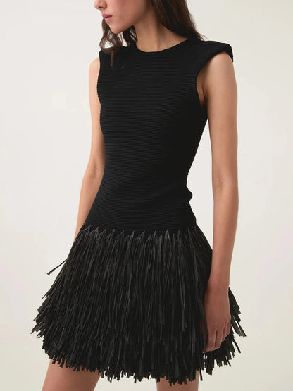Elegant Raffia Layered Fringed Knit Dress