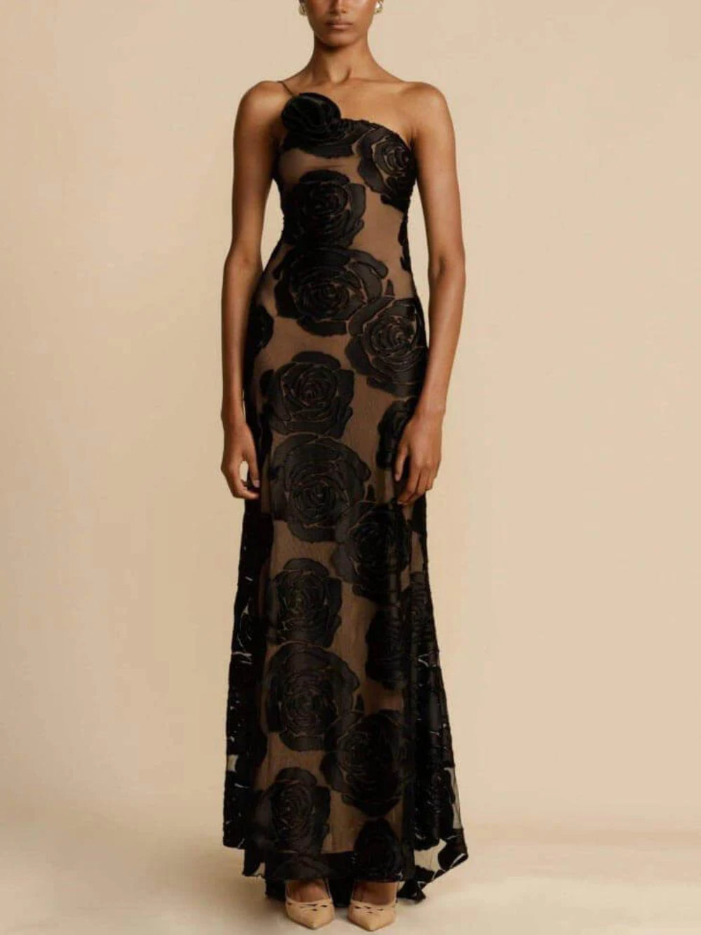 Strapless One-Shoulder Floral Maxi Dress