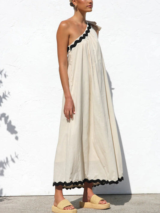 Classic Contrast Lace One-Shoulder Spaghetti Strap Dress