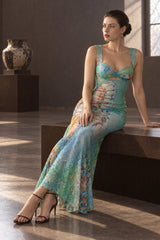 Lace Print Backless Bodycon Maxi Dress