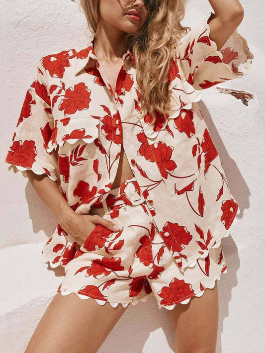 Casual Lace Print Shorts Set
