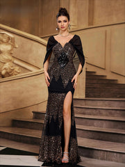 Sequin Bat Sleeve Split Evening Gown