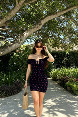 DressBetty - Floral Wrap Off Shoulder Tie Up Front Ruffle Slash Neck Dress