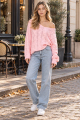Solid Color V-Neck Cable-Knit Loose Sweater
