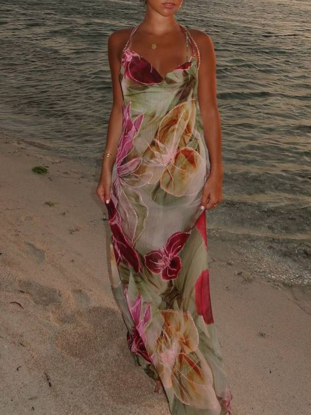Sexy Waist-Tied Backless Halter French Slit Dress