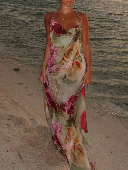 Sexy Waist-Tied Backless Halter French Slit Dress