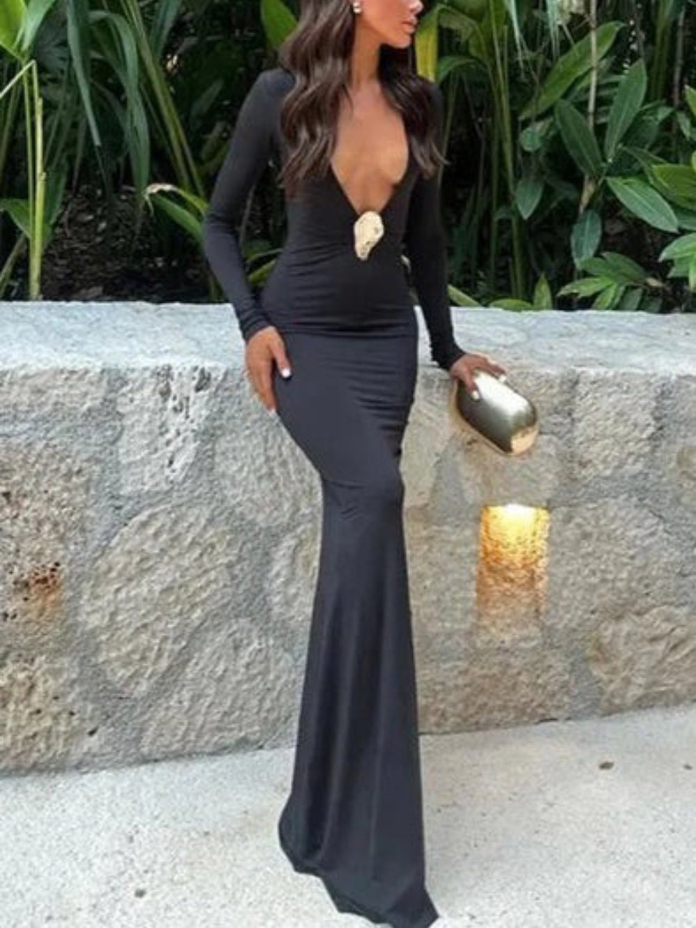 Reversible Deep V Neck Long Sleeve Dress