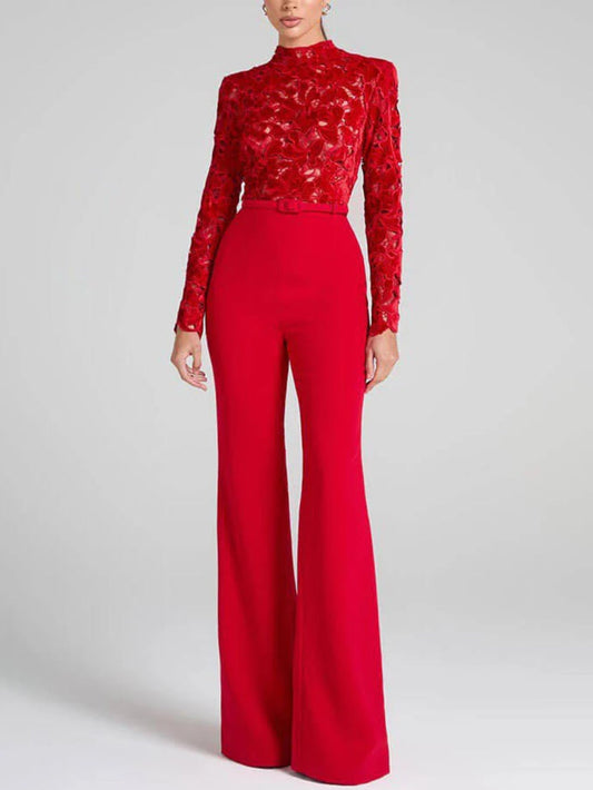Flared Lace Panel Jumpsuit