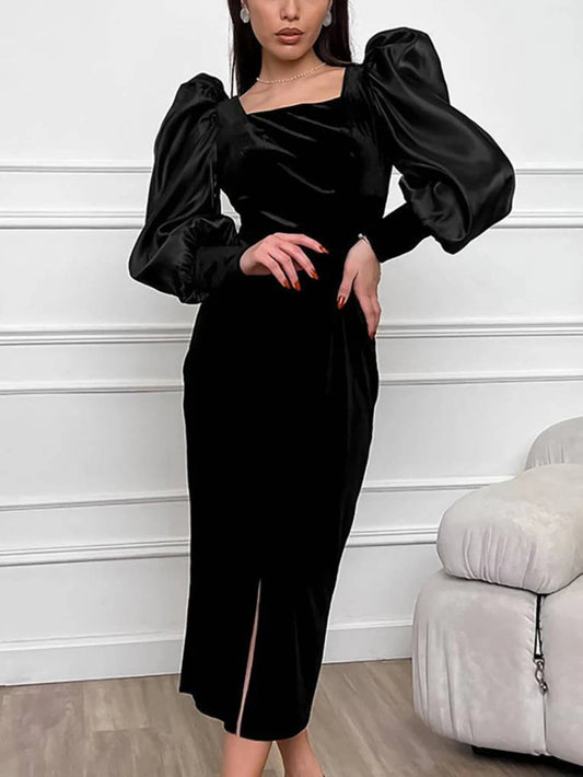 Square Neck Bubble Sleeve Front Slit Mini Dress