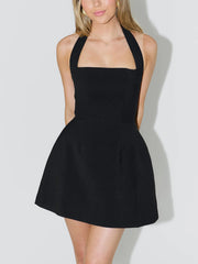 Halterneck Open-Back High-Waisted A-Line Mini Dress