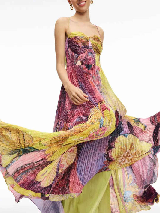 Printed Pleated Sleeveless Dress