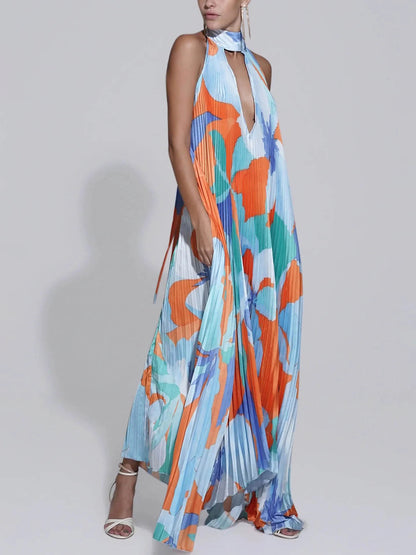 Pleated Halterneck Strappy Backless Midi Dress