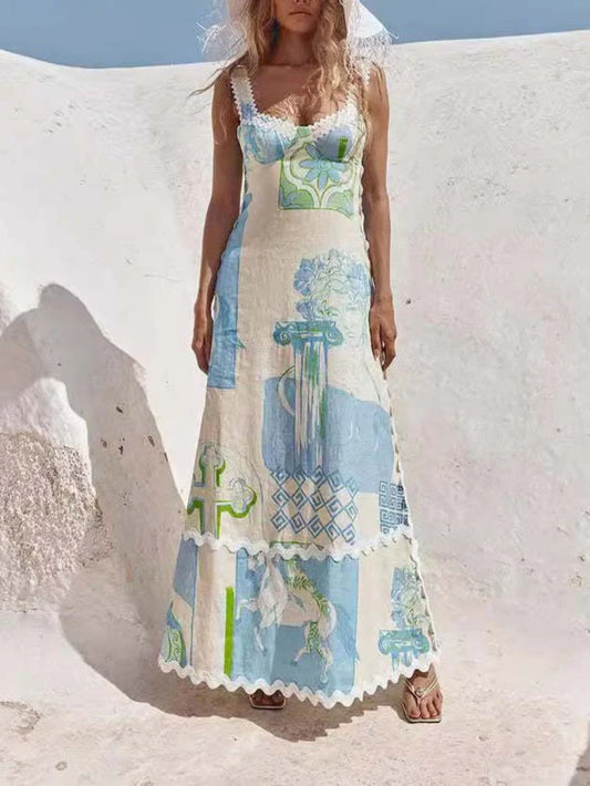 Painted Print Open Back Bow Dress
