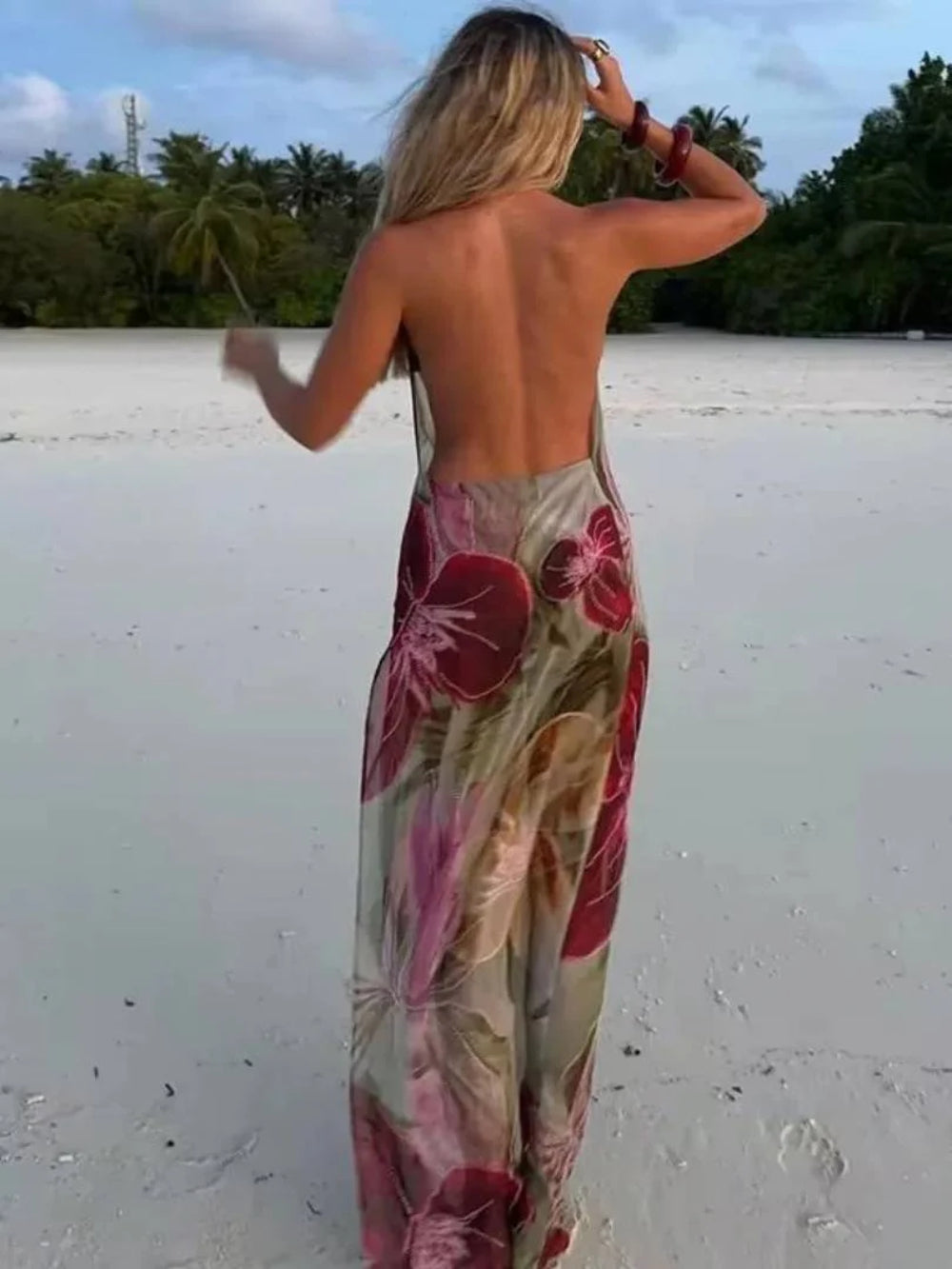 Sexy Waist-Tied Backless Halter French Slit Dress