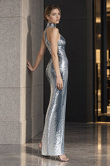 Long-Sleeve Sequin Slit Maxi Prom Dress
