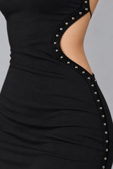 Sexy Eyelet Lace Up Crew Neck Solid Mini Dress
