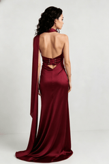Halter Satin Elegant Solid Color Prom Dress