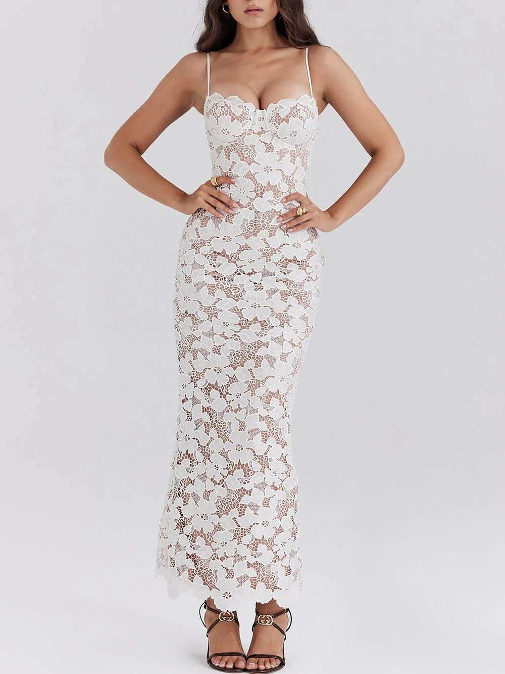 Stylish Sexy Lace Halter Neck See-Through Midi Dress