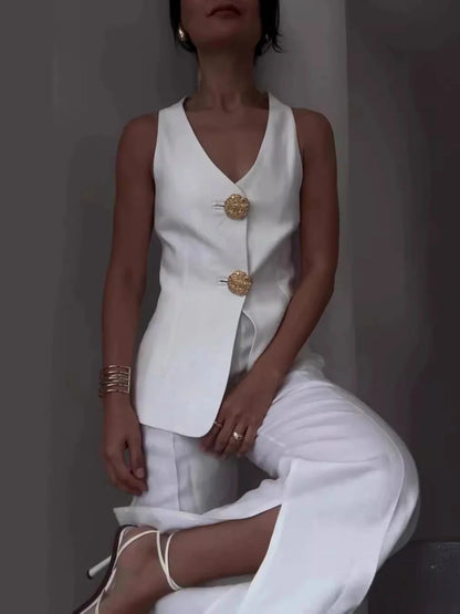 Slit Wide Leg Pants with Slim Vest