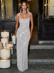 Sequin Sleeveless Backless Maxi Dress