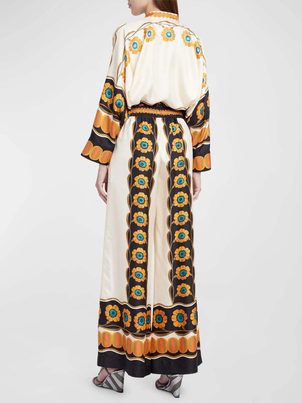 Satin Floral Print Bat Sleeve Shirt Set