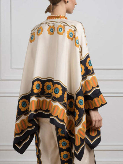 Satin Floral Print Bat Sleeve Shirt Set