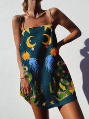 Printed Spaghetti Strap Backless Mini Dress