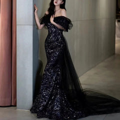 Sequined Off-Shoulder Evening Gown