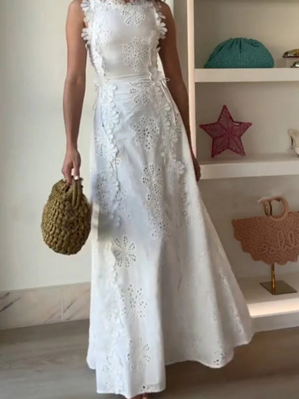 Lace Trim Embroidered Tie Dress