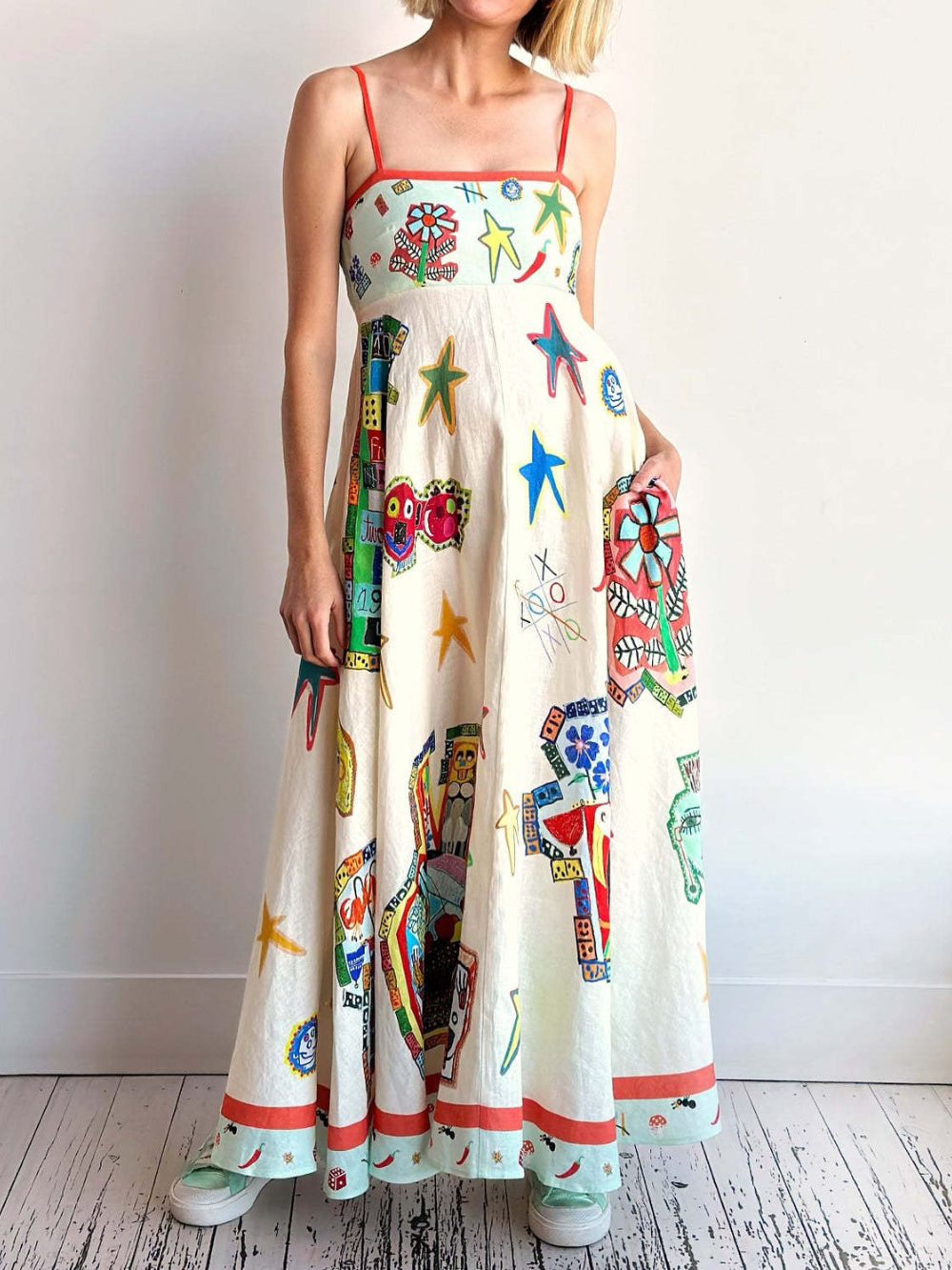 Graffiti Print Suspender Long Swing Unique Midi Dress