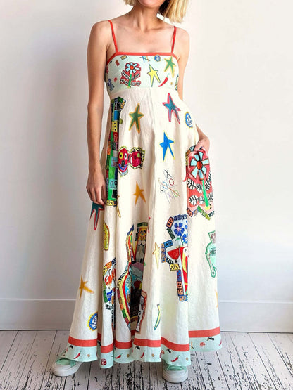Graffiti Print Suspender Long Swing Unique Midi Dress