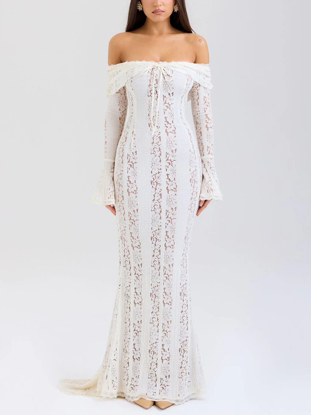 Lace Off-Shoulder Bell Sleeve Bodycon Gown