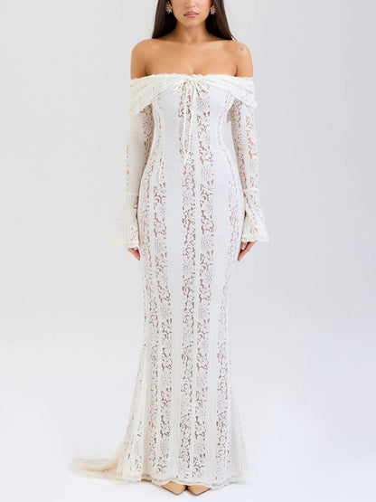 Lace Off-Shoulder Bell Sleeve Bodycon Gown
