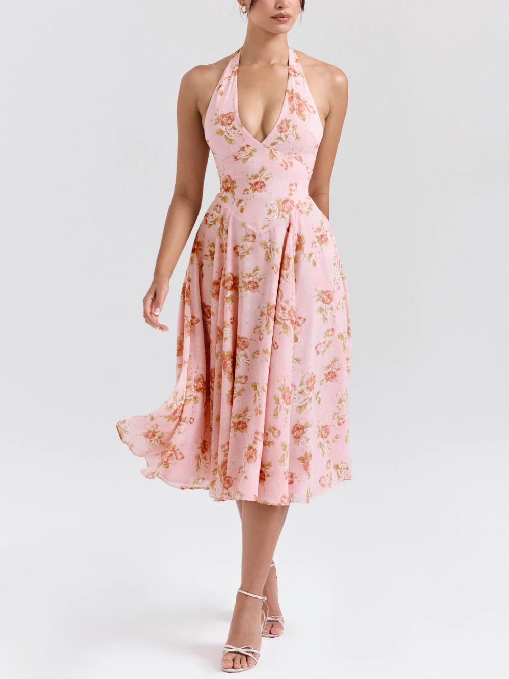 Exquisite Retro V-Neck Rose Print Dress