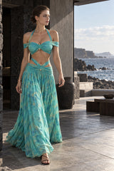 Chic Dot Print Halter Cutout Bandeau Skirt Sets