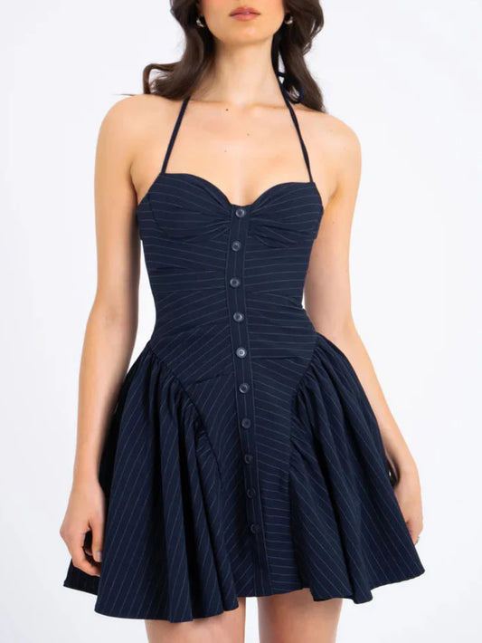 Fashionable Pinstripe Halter Neck Low-Waist Dress